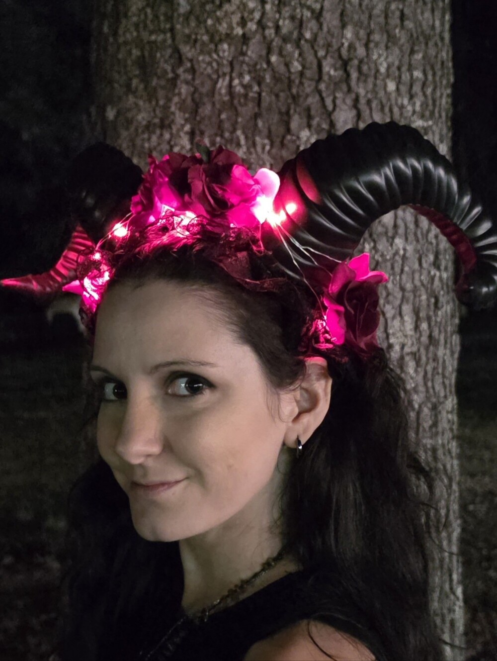 Ram Horn Demon Headband with Red Roses Devil Costume Headdress Red Lights